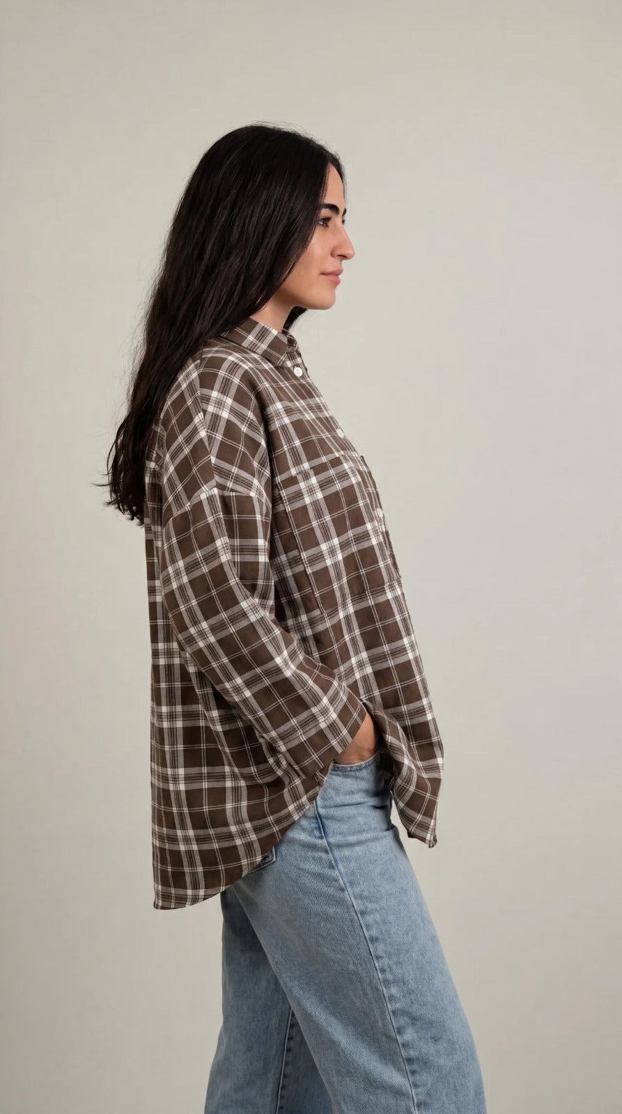 Essential Plaid Shirt wide-sleeve Brown