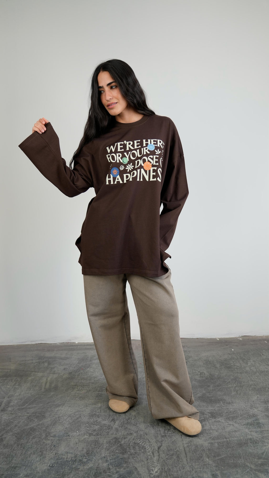 we're here widesleeves t-shirt