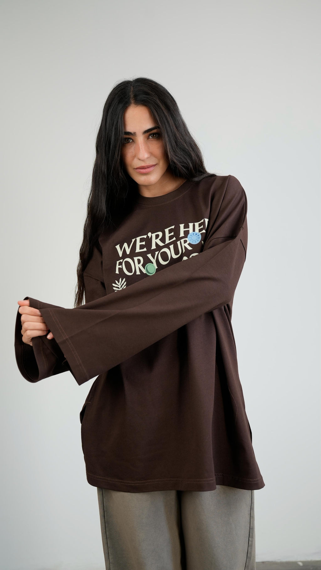 we're here widesleeves t-shirt