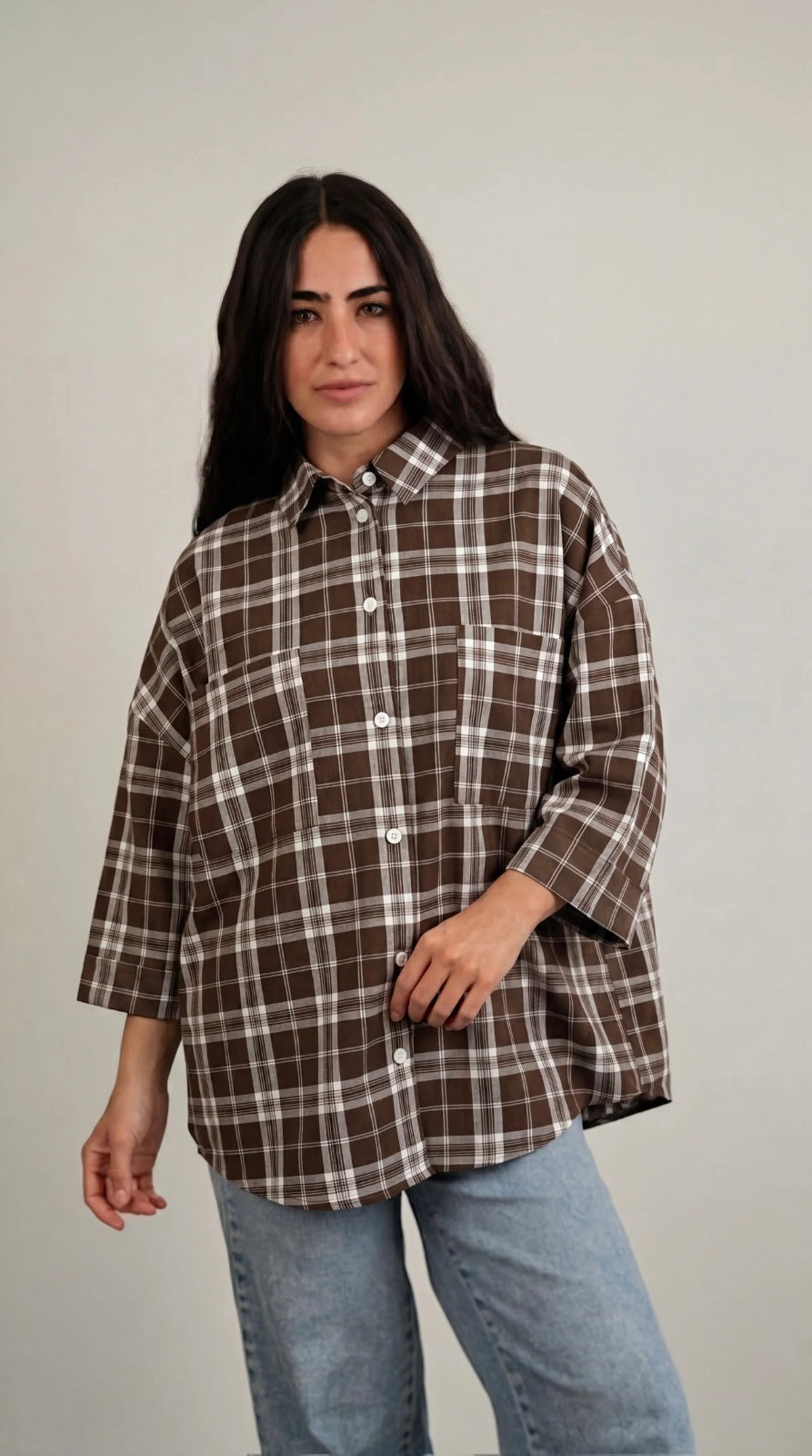 Essential Plaid Shirt wide-sleeve Brown