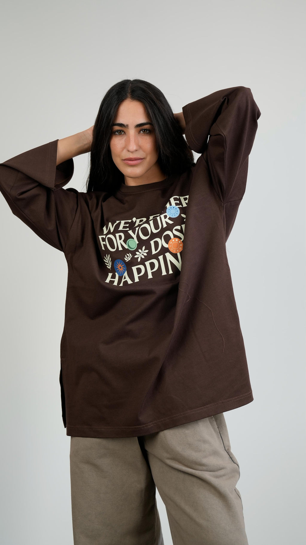 we're here widesleeves t-shirt