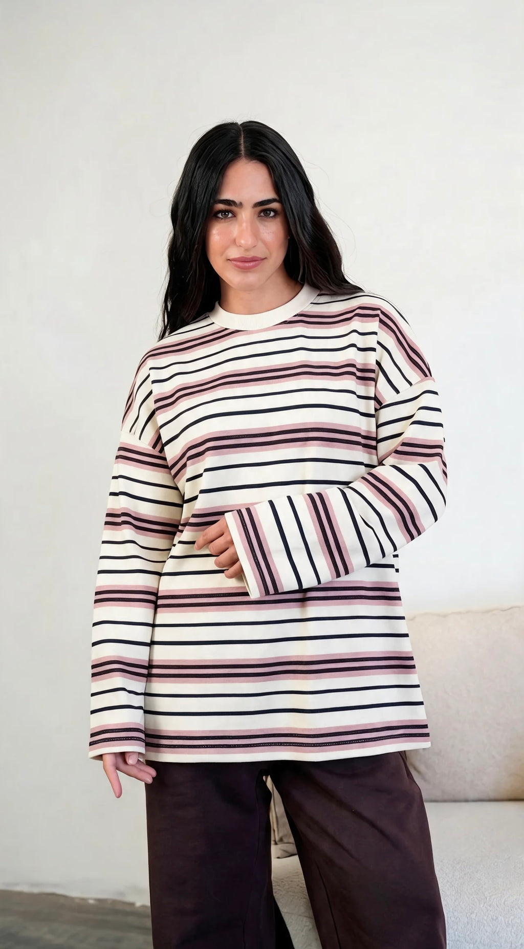 Striped wide-sleeves T-shirt