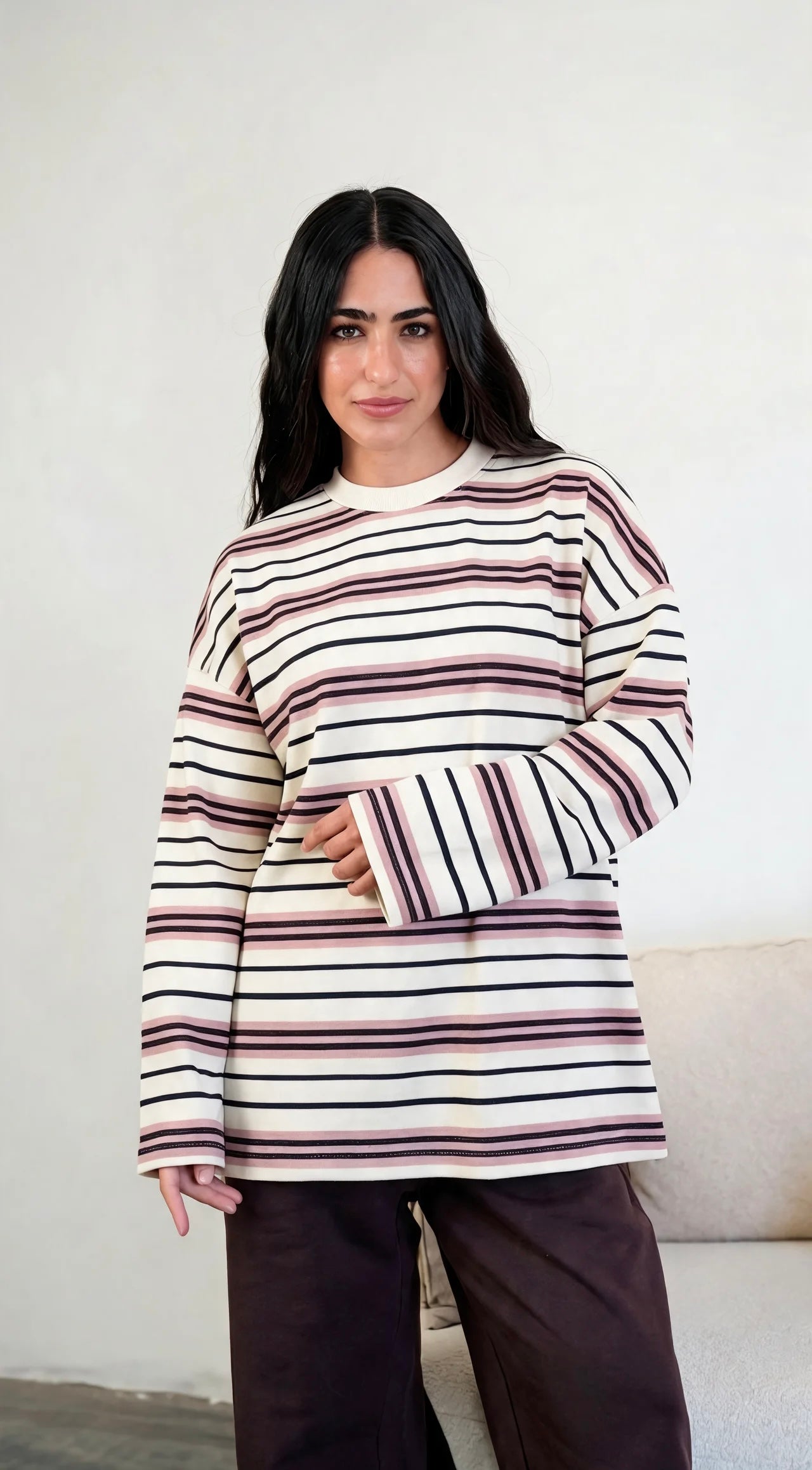 Striped wide-sleeves T-shirt