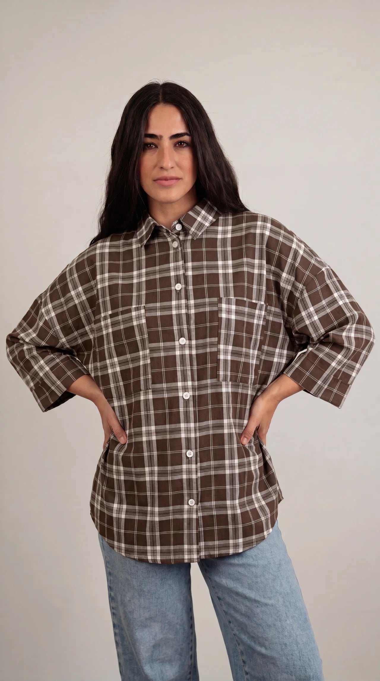 Essential Plaid Shirt wide-sleeve Brown