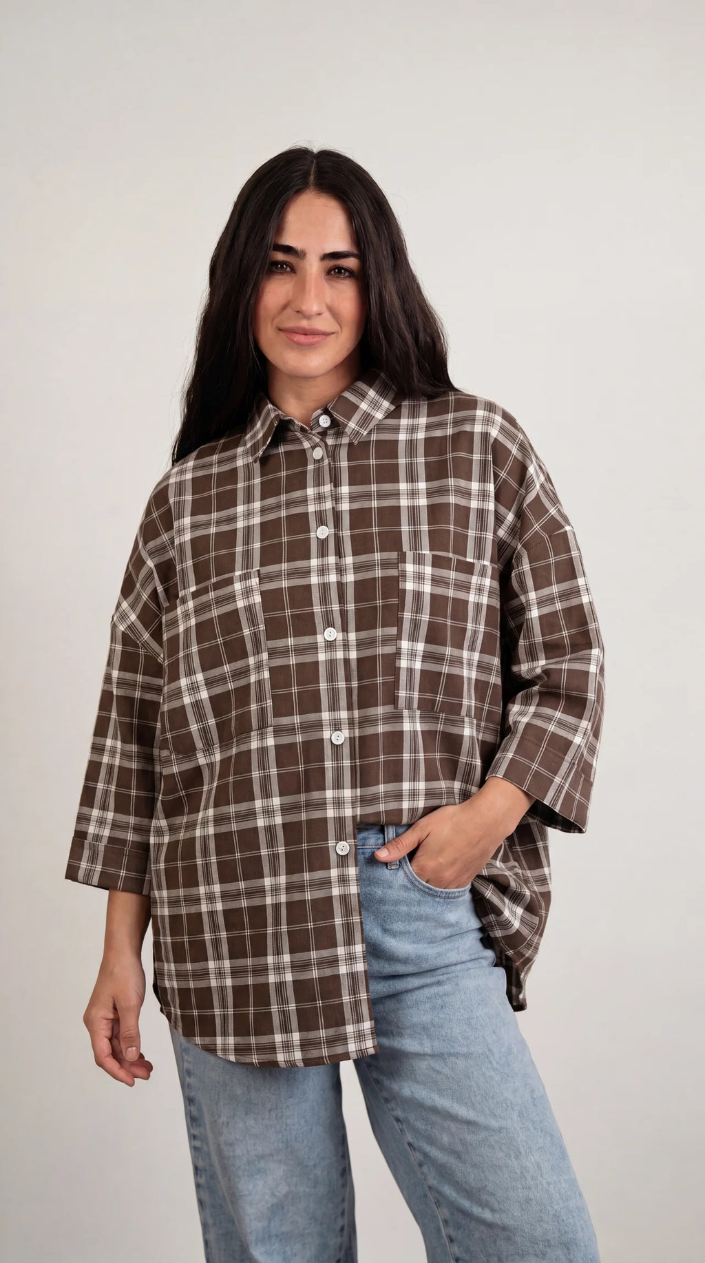Essential Plaid Shirt wide-sleeve Brown