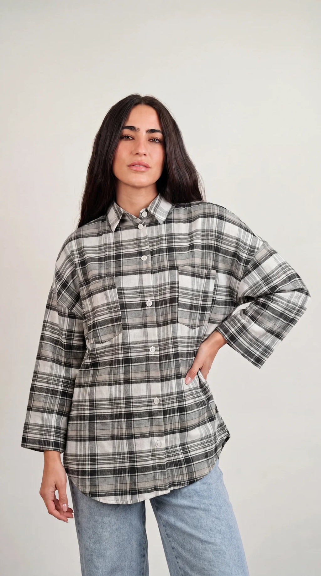 Essential Plaid Shirt wide-sleeve Mono 🖤🤍