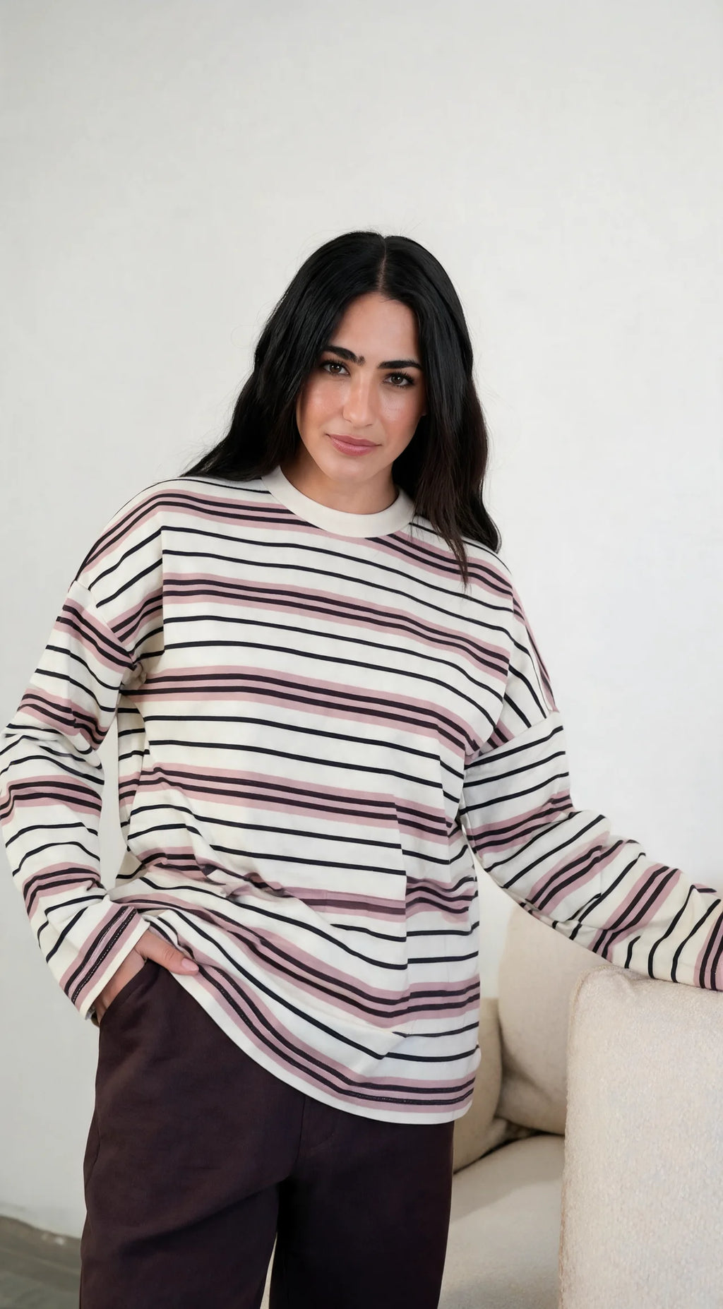 Striped wide-sleeves T-shirt
